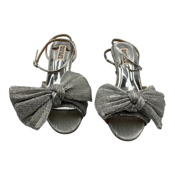 Badgley Mischka Metallic Pleated Bow Kitten Heel Sandals Silver Size 6 - Picture 1 of 8